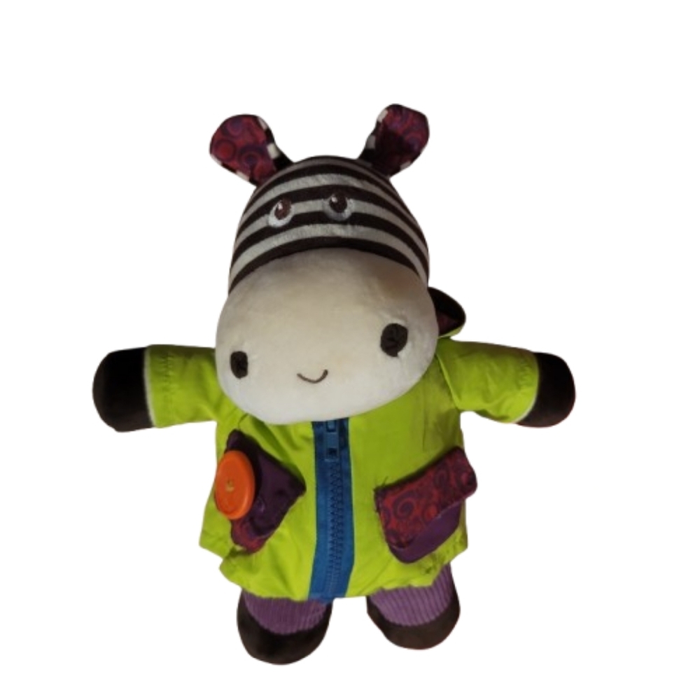 GIGGLY ZIPPIES ZEBB. B. TOYS INTERACTIVE Plush Dress me Zebra Toy Green Jacket